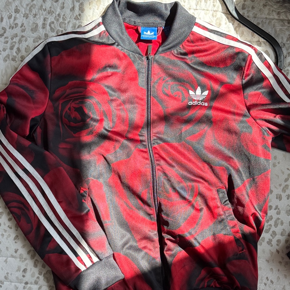 adidas Red & Black Rose-Print Track Jacket